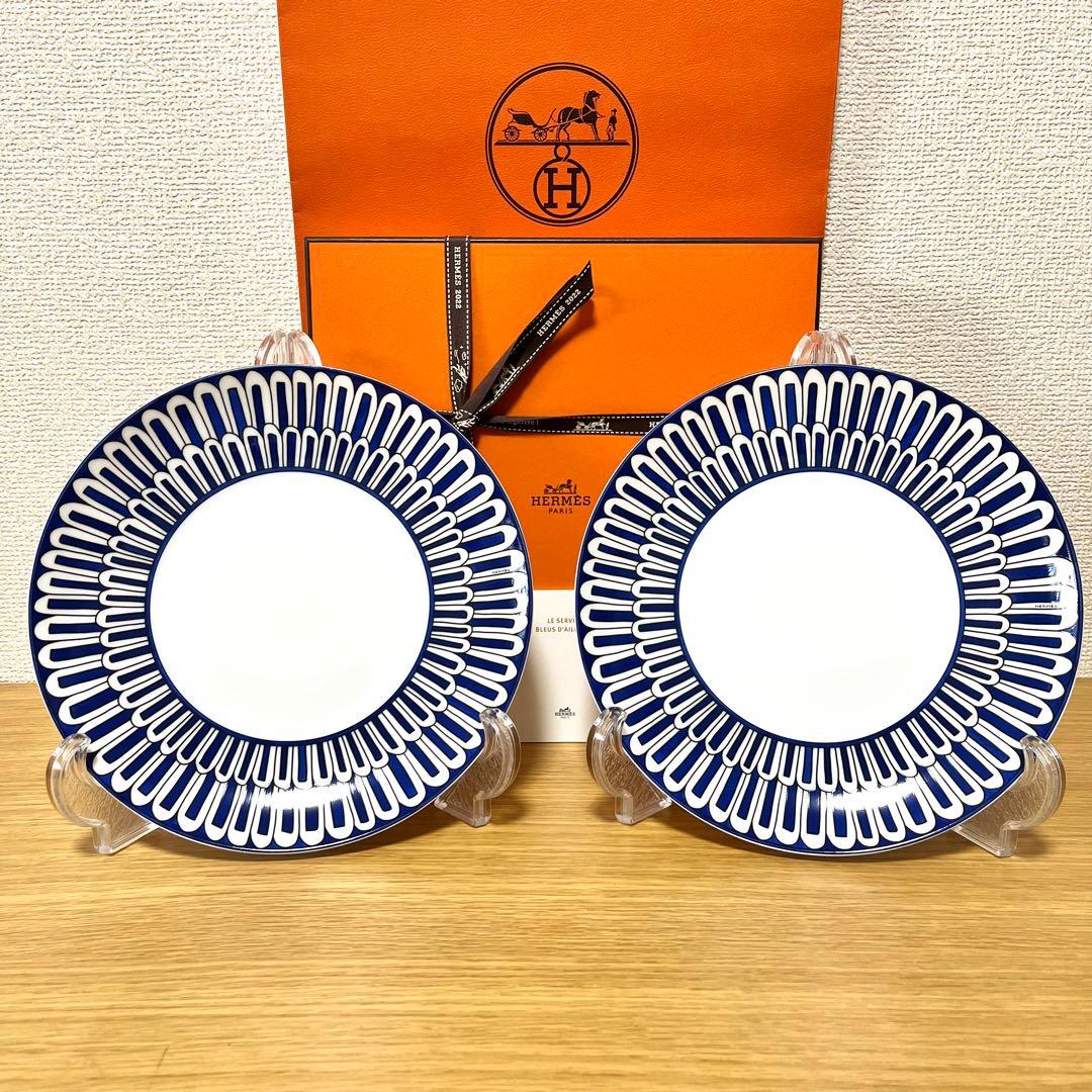 【廃盤 新品 2枚 ギフト包装】エルメス　ブルーダイユール　デザートプレート