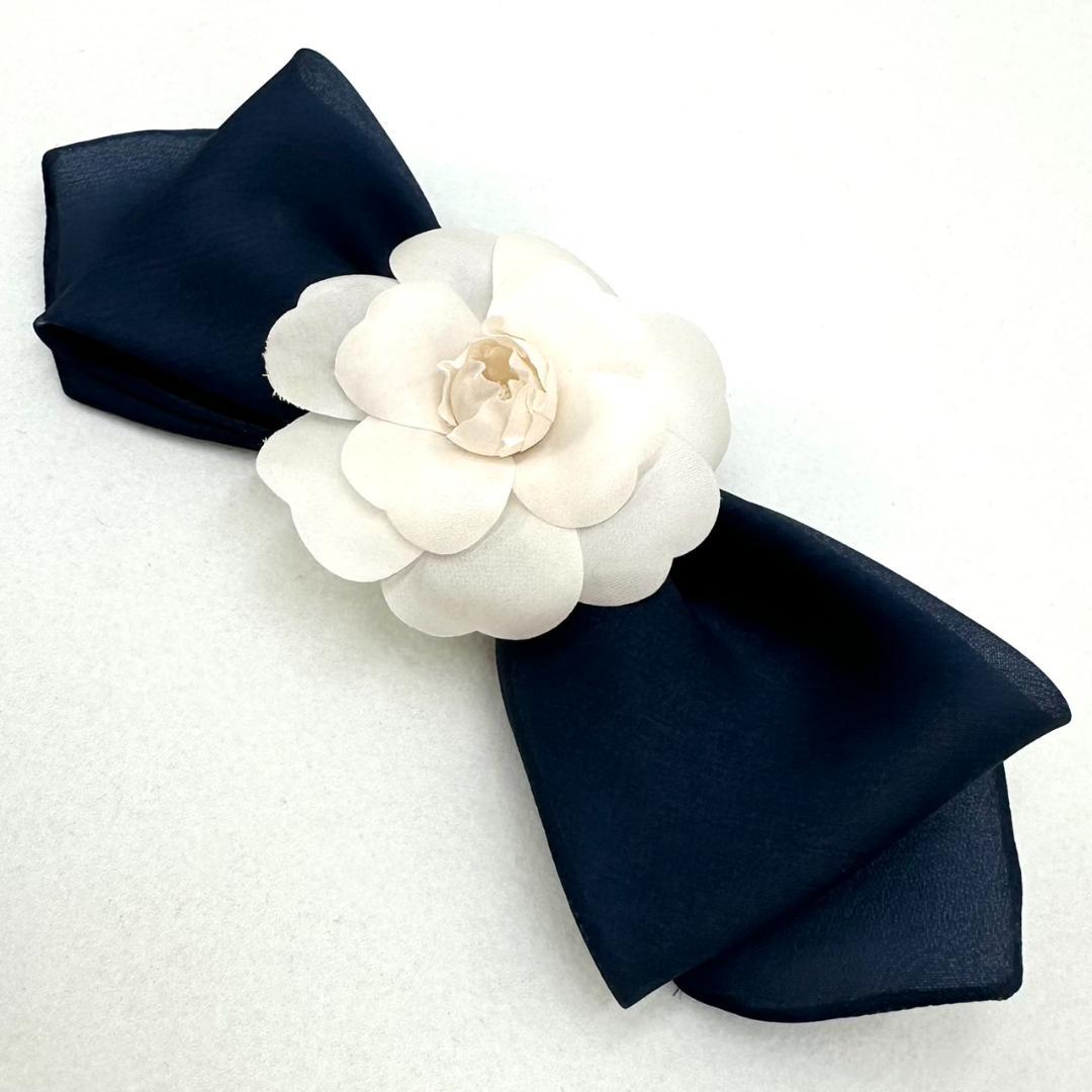 CHANEL シャネル カメリア リボン ヴィンテージ コサージュ ネイビー 白