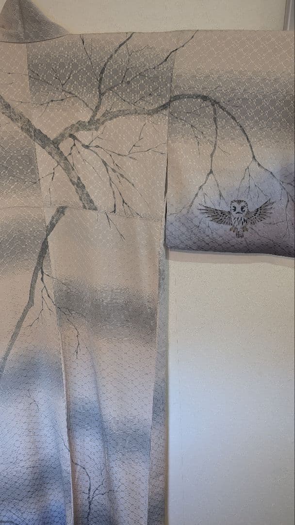 【美品•縁起物】訪問着 木の枝とフクロウ模様