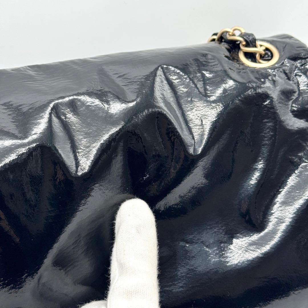 極美品 シャネル デカココ チェーン ショルダーバッグ フラップ エナメル 黒